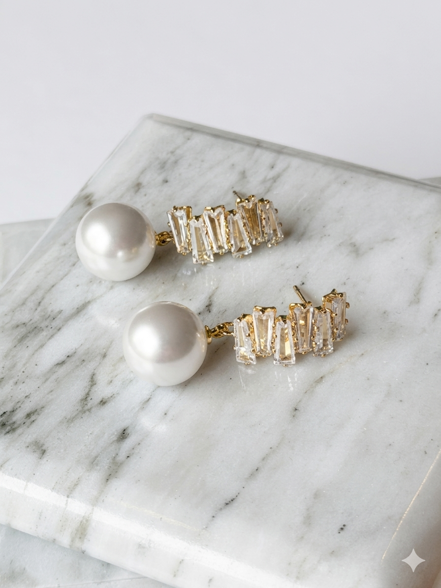 Aretes de perla y cascada de cristales baguette