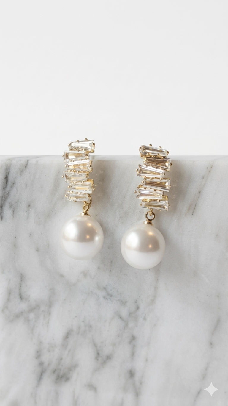 Aretes de perla y cascada de cristales baguette